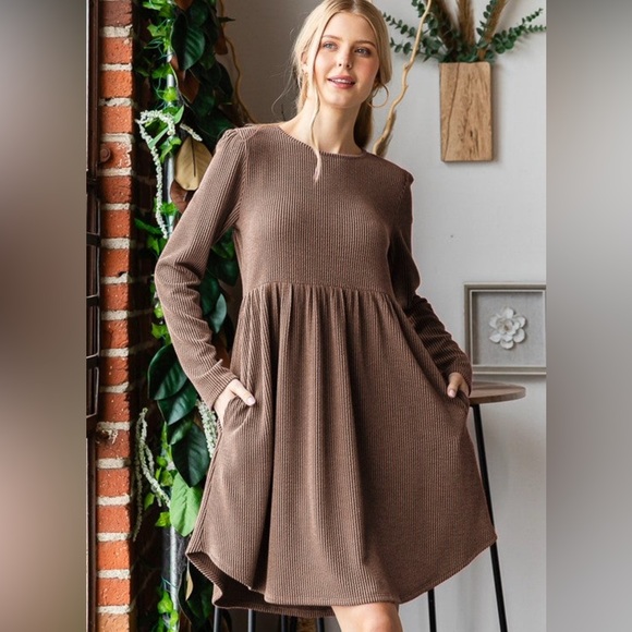 HEIMISH USA Dresses & Skirts - HEIMISH Chocolate Long Sleeve Solid Urban Ribbed Babydoll Mini Dress w/Pockets